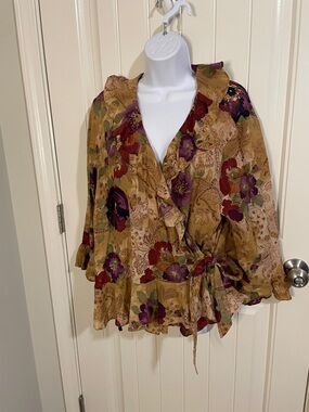 Chaps Mustard Floral Wrap Blouse with Red & Purple Blooms